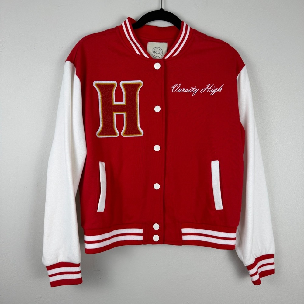 Stoosh Letterman H Varsity Jacket Women's L Red White Long Sleeve Snap Front